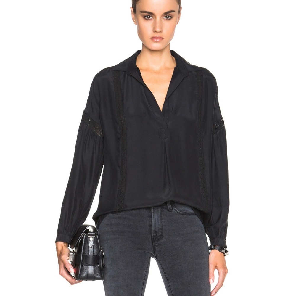 FRAME Noir Black 100% Silk Charmeuse Lace Trim V-Neck Blouse LWSH0079 Large